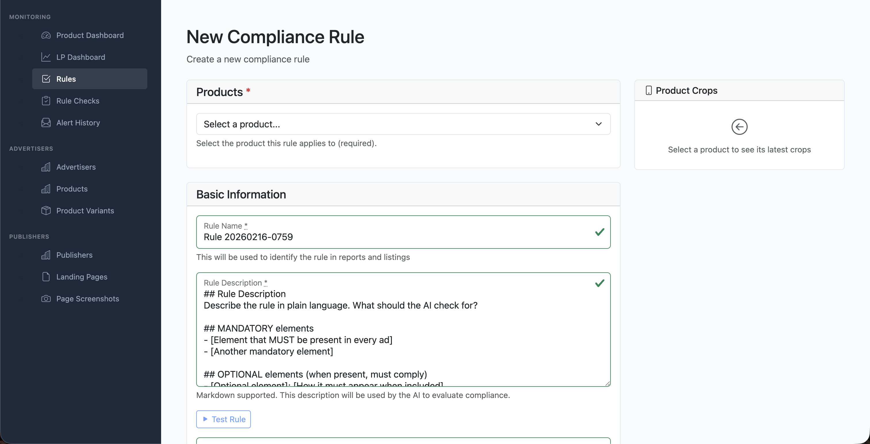 Code interface representing configurable compliance rule definitions